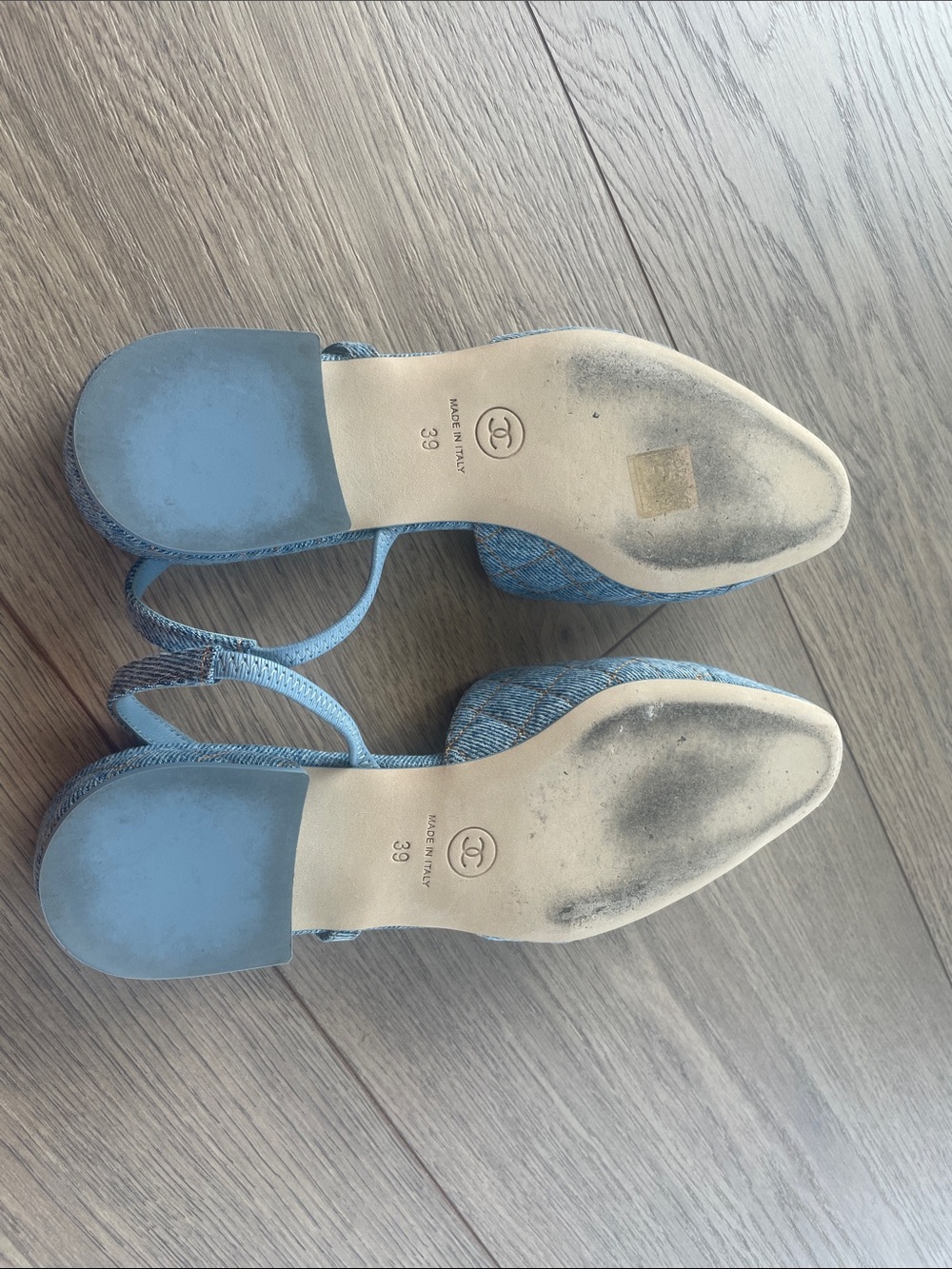 CHANEL Denim Quilted Slingback Flats in Light Blue - Picture 5 of 8